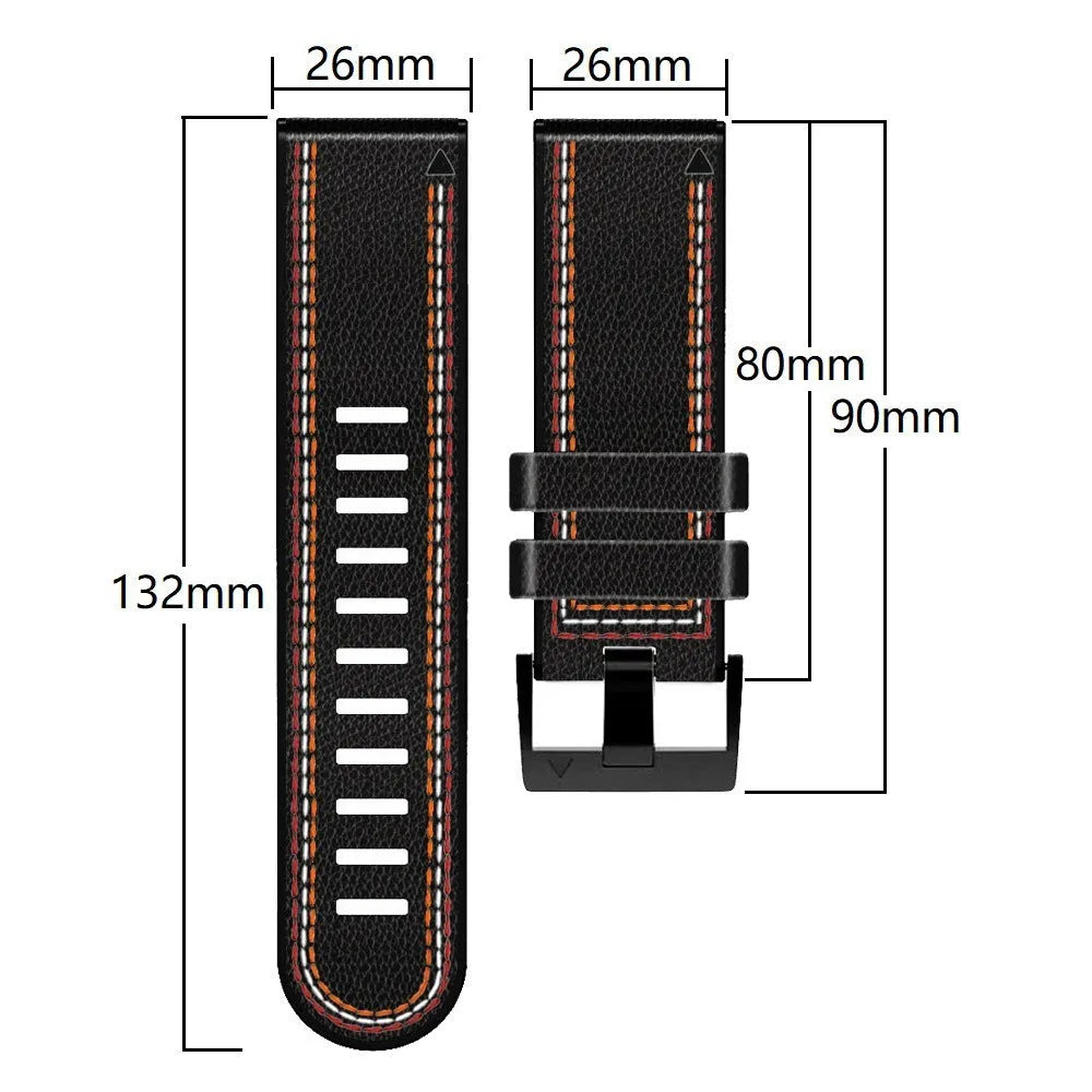 Silicone leather quick-release watchband for Garmin Fenix smartwatches in black, shown with detached spring bars.