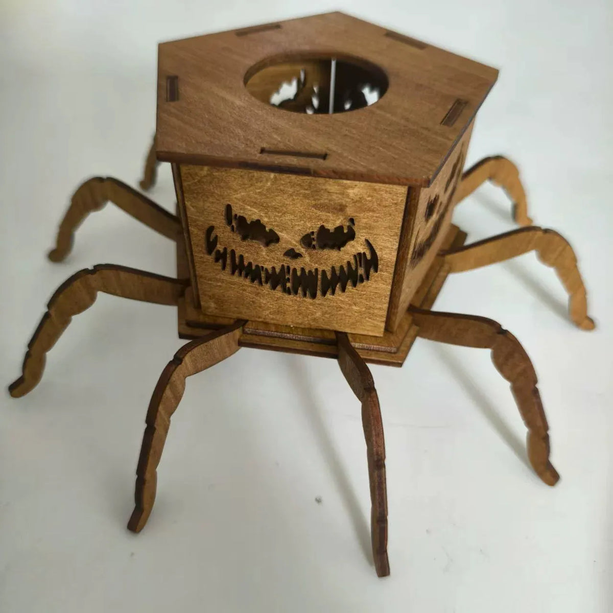 Wooden spider-themed lantern candlestick decoration for Halloween and gothic home decor