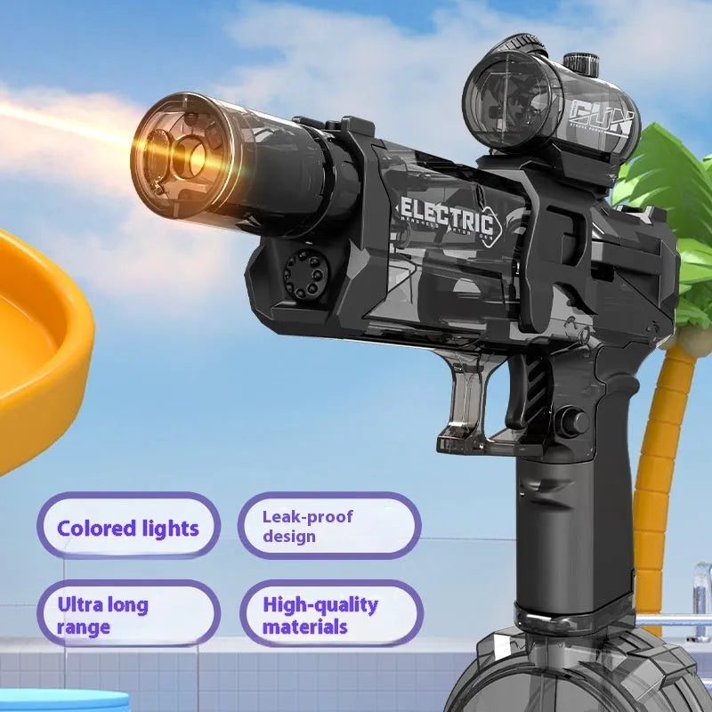 Fire Rat electric water pistol in black showing automatic drum magazine and USB charging port for outdoor summer water fights