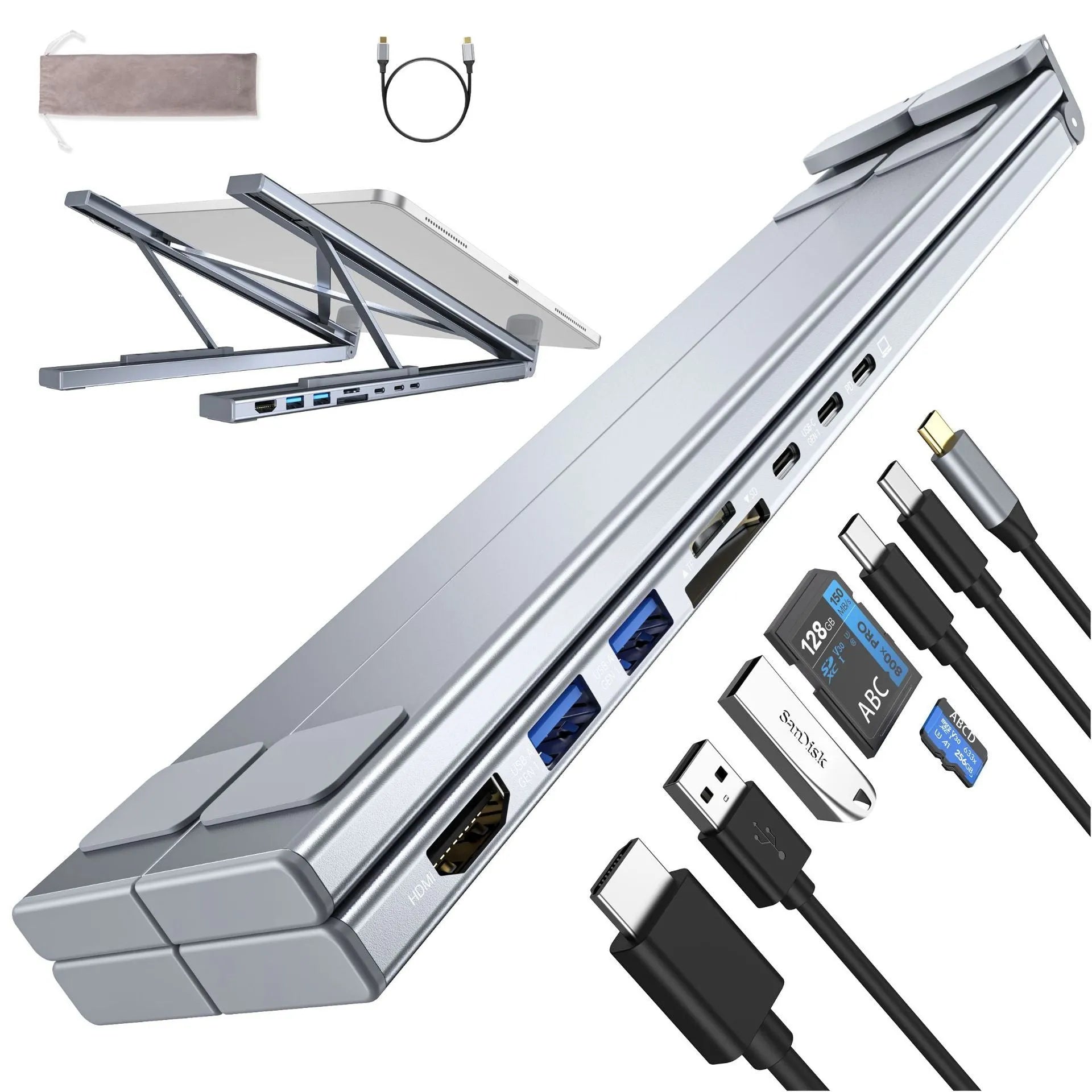 Aluminium alloy folding laptop stand with multi-port docking station in open position