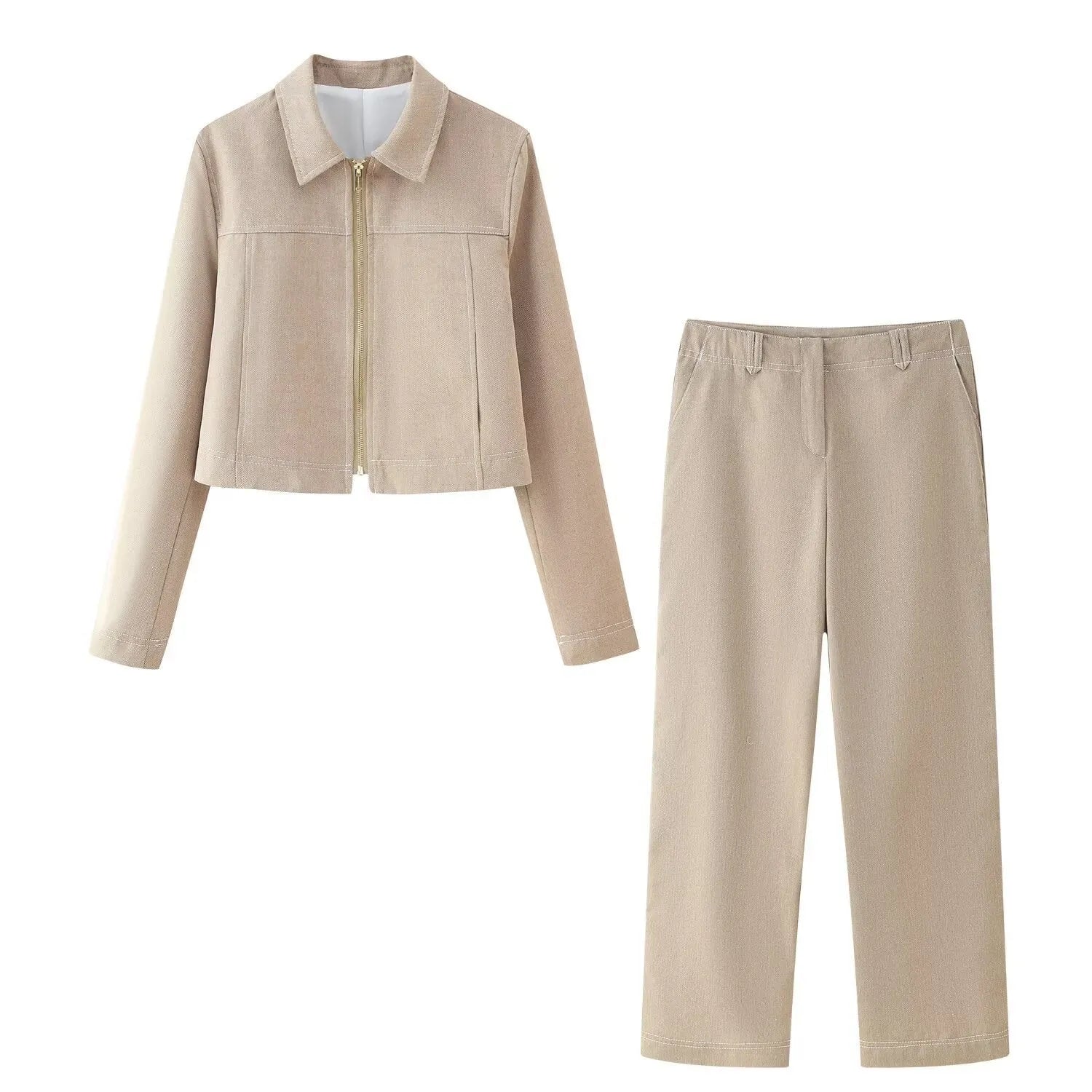 Women's herringbone pattern suit set with long sleeve jacket and straight-leg trousers