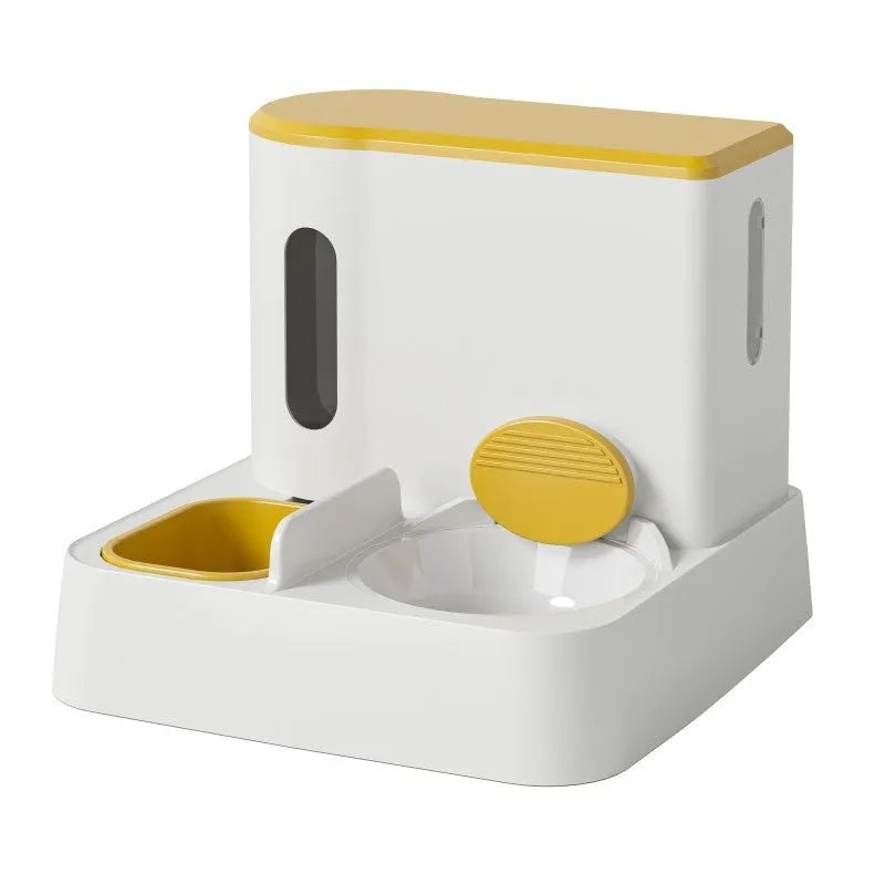 Automatic cat feeder with integrated water dispenser double bowl in grey, yellow or green colours