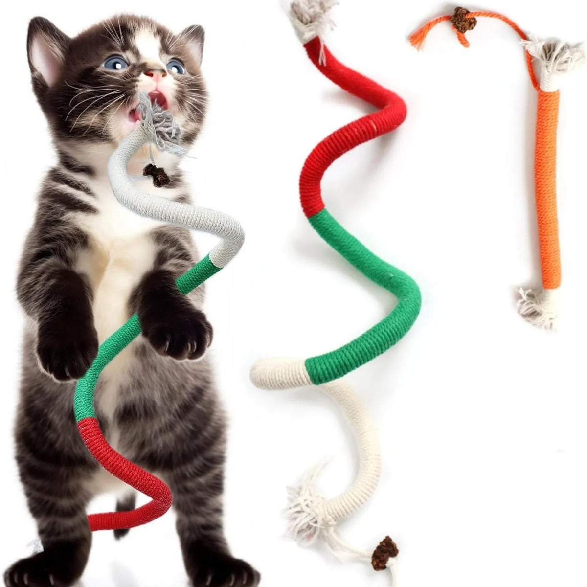 70cm long cotton rope cat teaser toy with catnip in purple, orange or red and green colour options