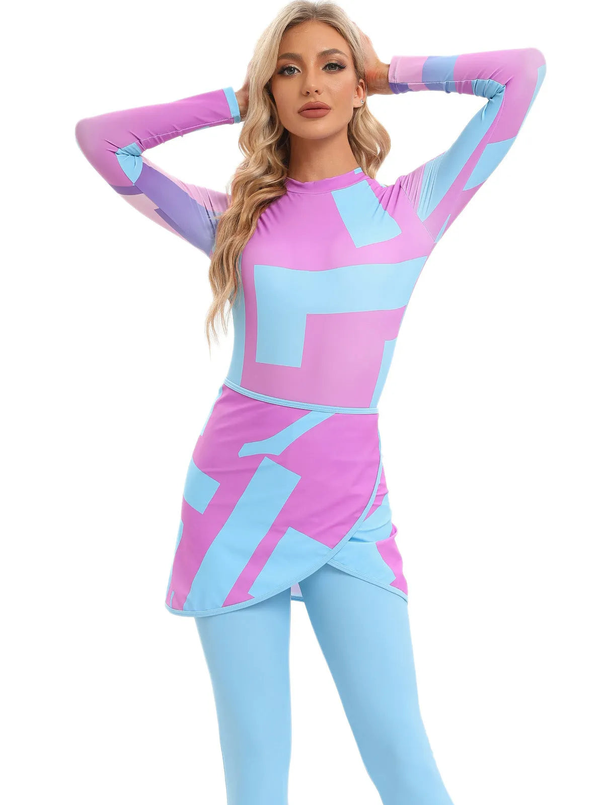 Conservative Muslim beach swimsuit three-piece set with apron in a fresh pattern.