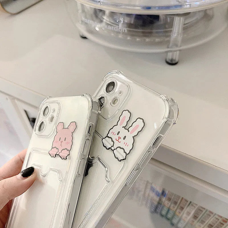 Cartoon design transparent iPhone case with a card slot on the back, compatible with multiple iPhone models.