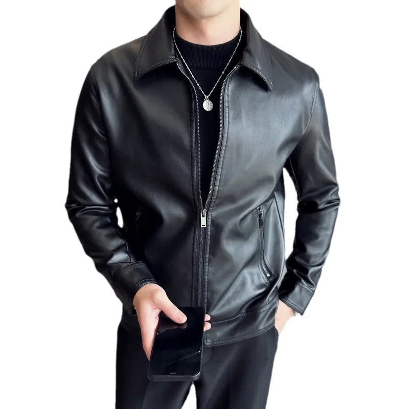 Men's black PU leather casual jacket with zip-up front and zipper pockets