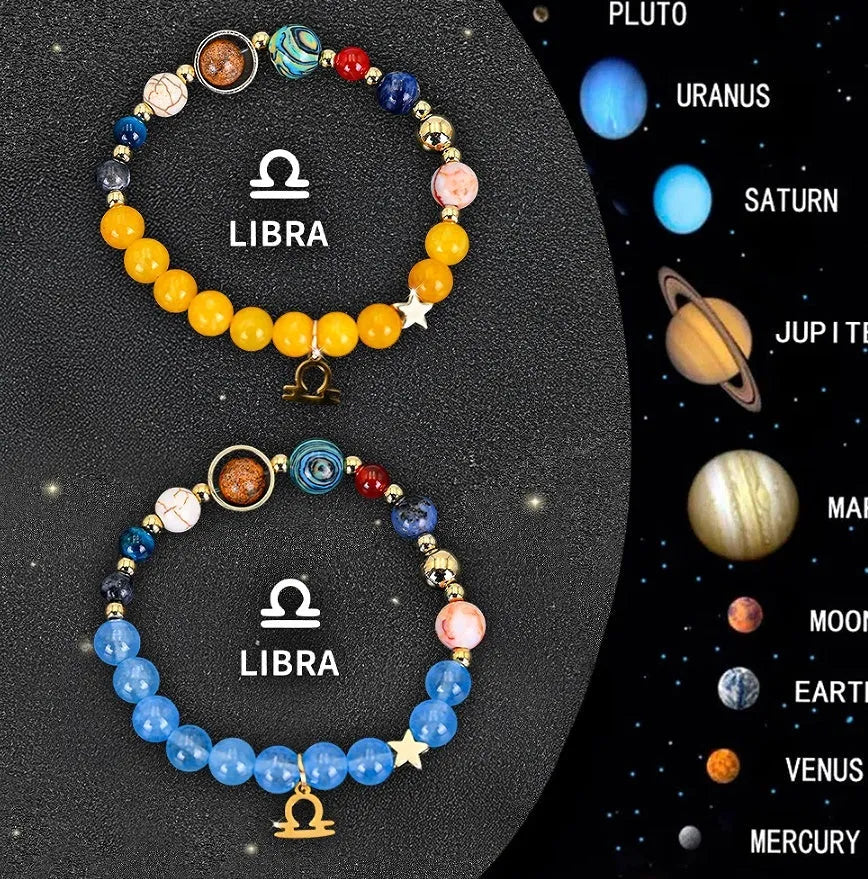 Set of two natural stone beaded bracelets featuring the twelve Chinese zodiac signs.