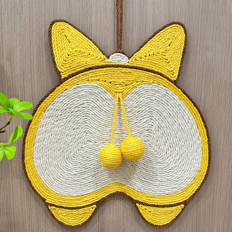Yellow Corgi-butt design sisal cat scratching board with adhesive hooks on a white background