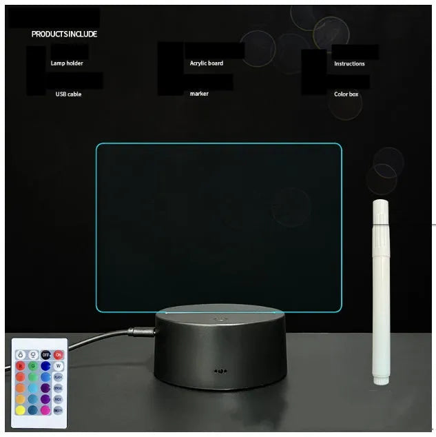 3D acrylic message board with LED lights showing handwritten message on illuminated surface