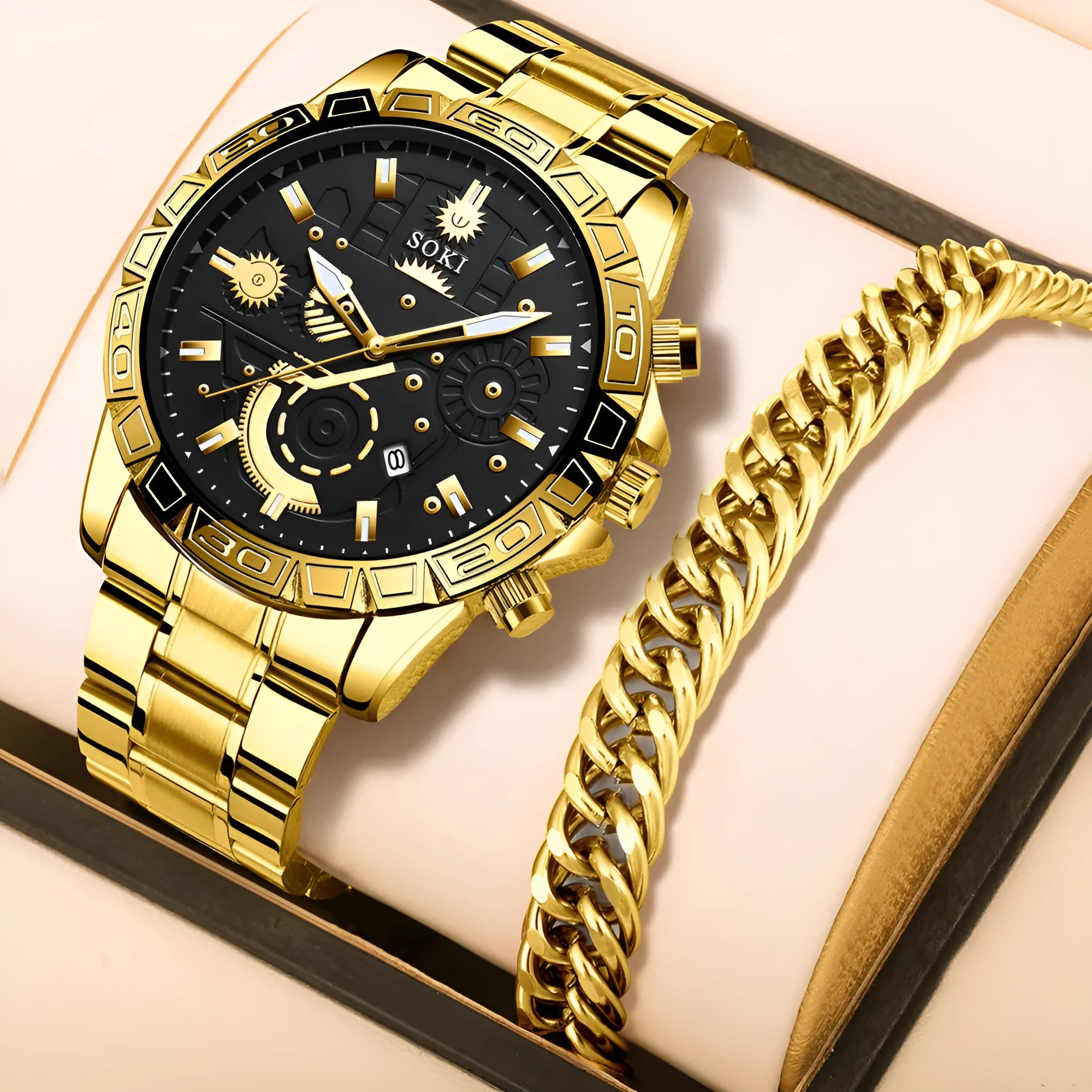 Men's gold-coloured business watch with stainless steel strap showing 10mm thickness profile
