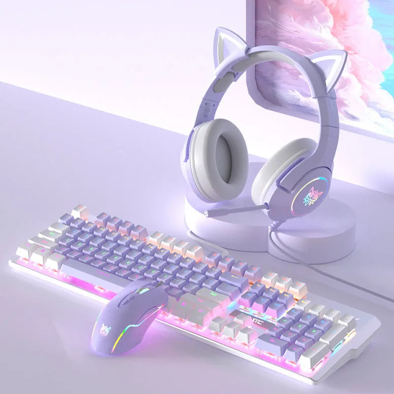 Purple and white mechanical keyboard and mouse set with backlight illumination on desk