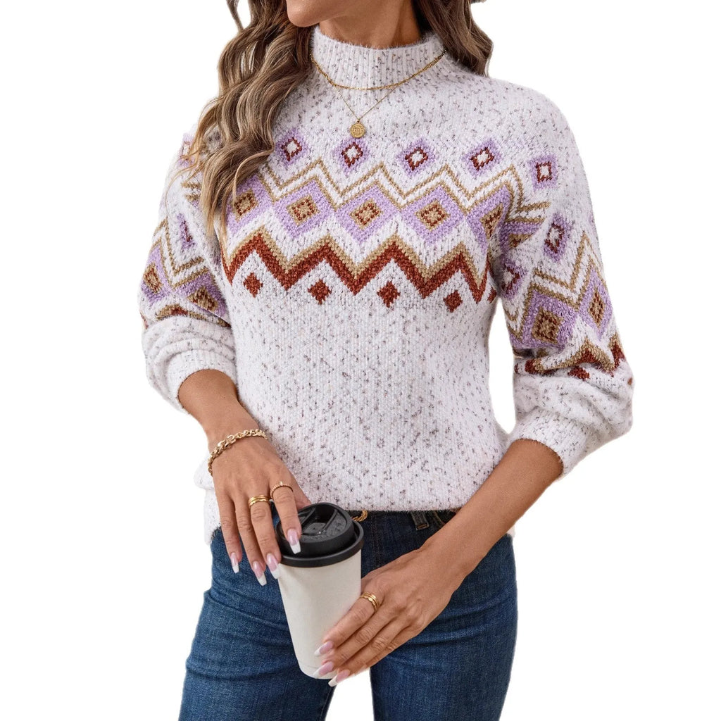 White half turtleneck sweater with geometric jacquard pattern, loose fit, thick chenille fabric