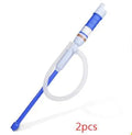 Blue manual hand pump with pipe for transferring fuel, oil or water.