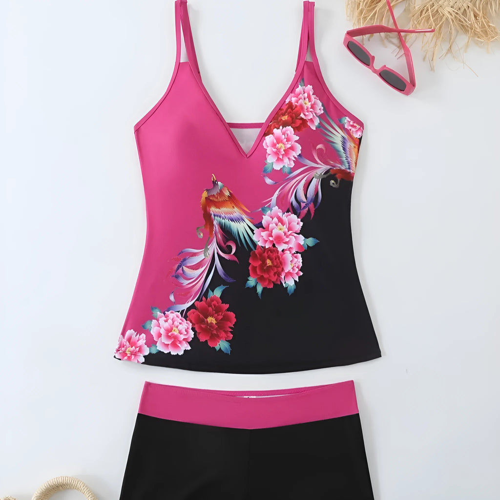 Plus size women's swimsuit with matching briefs in black or rose red print styles
