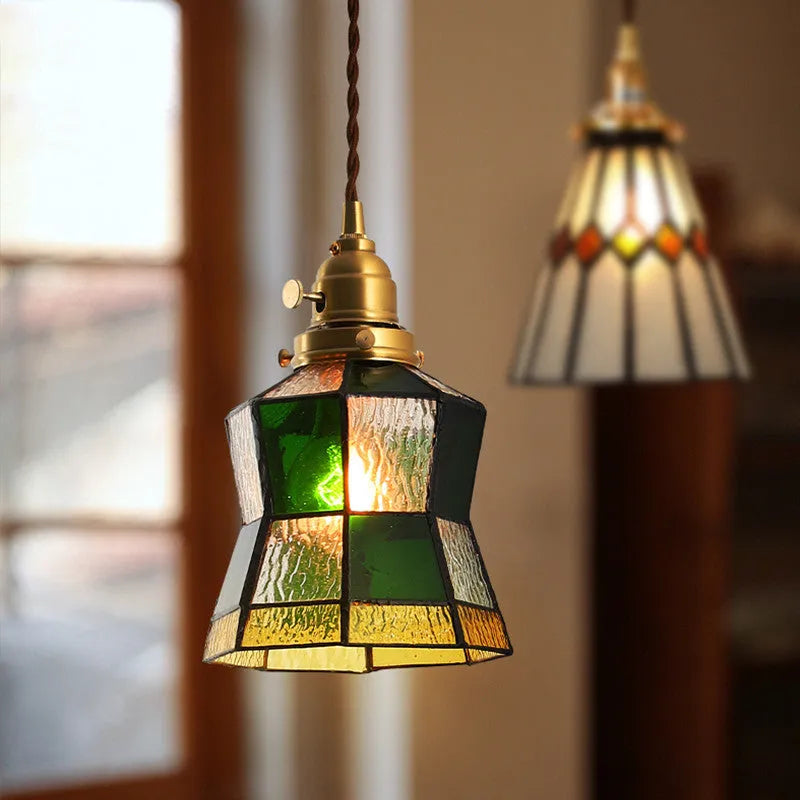 Japanese retro brass and glass chandelier with hand-blown shades and hemp rope hanging cord