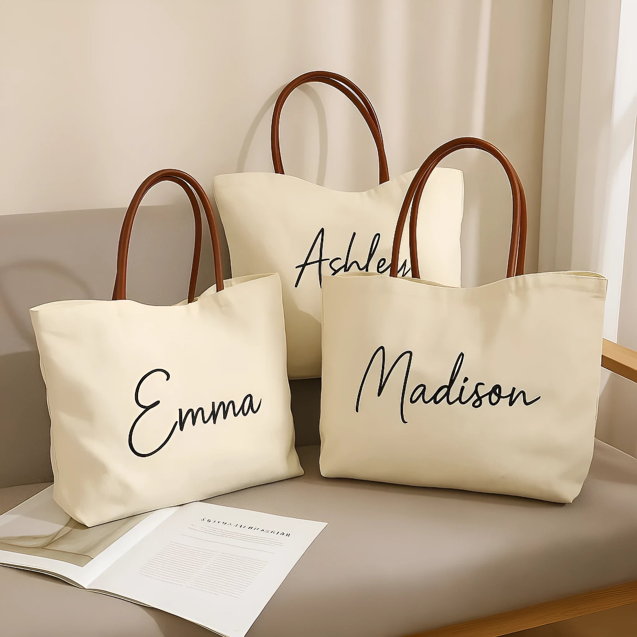 Beige white canvas tote bag with shoulder straps and front slip pockets