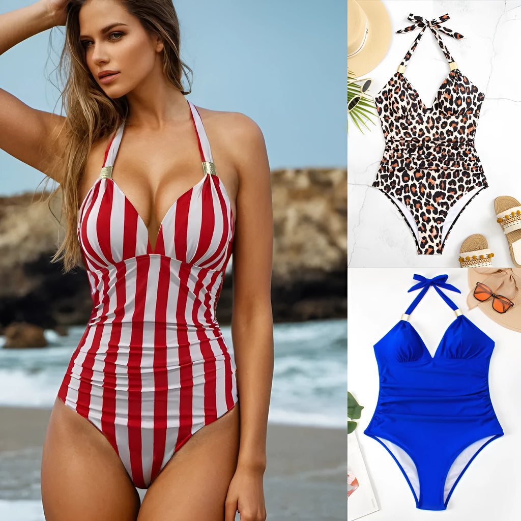 Women's one-piece swimsuit in a quick-dry fabric on a mannequin, showing blue, black, leopard print, and striped pattern options.