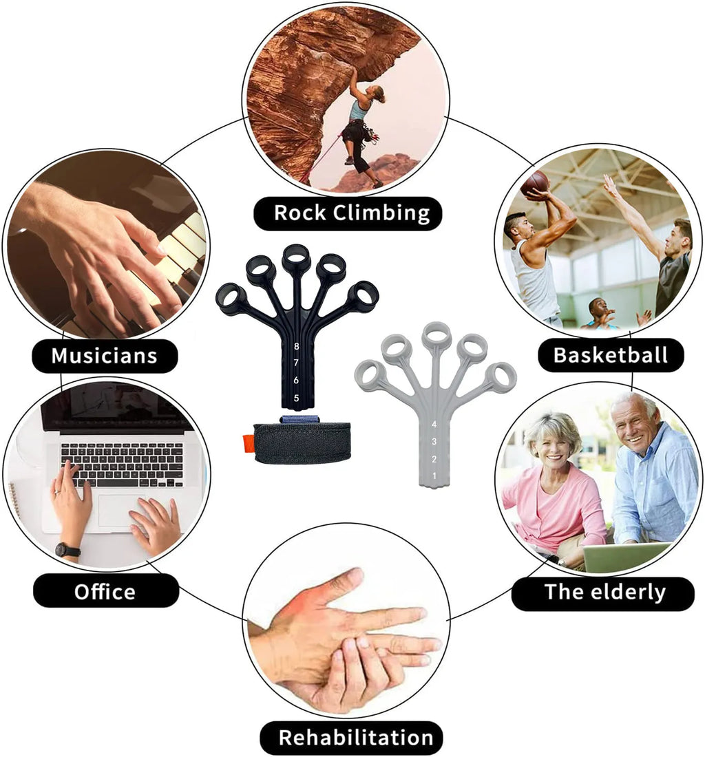 HLX silicone finger tension trainer with puller, tension ropes, and adjusting belt for hand exercises.