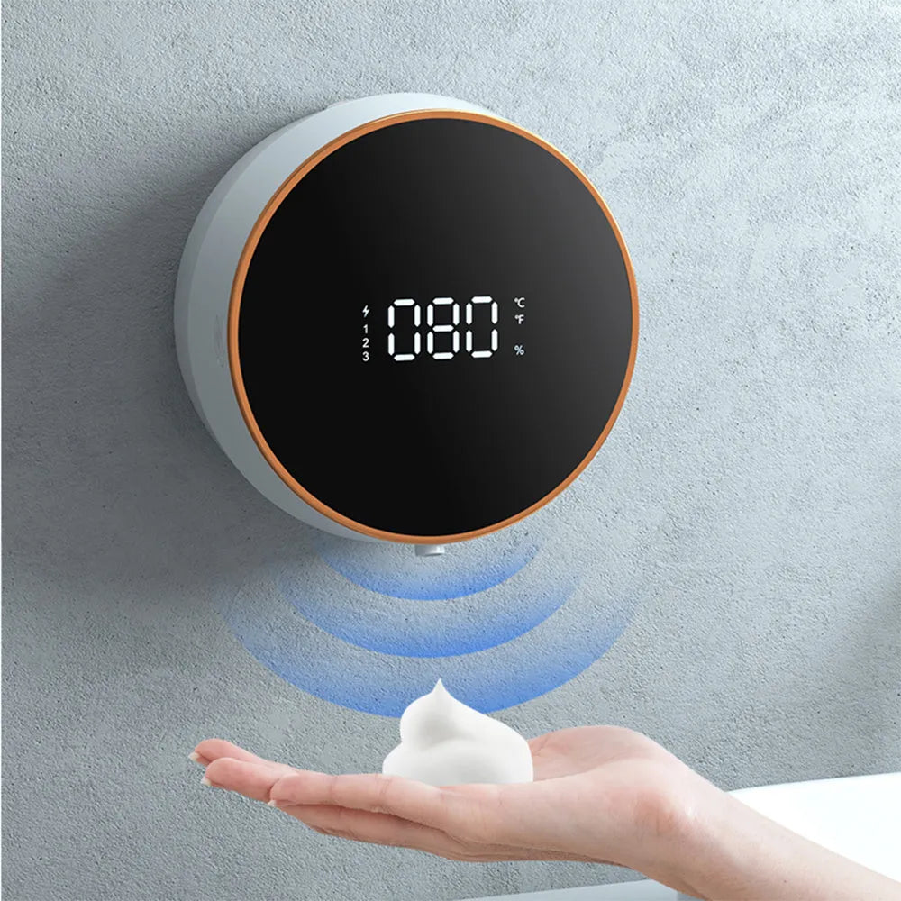 Black smart automatic foam soap dispenser with infrared sensor and USB charging port mounted on wall