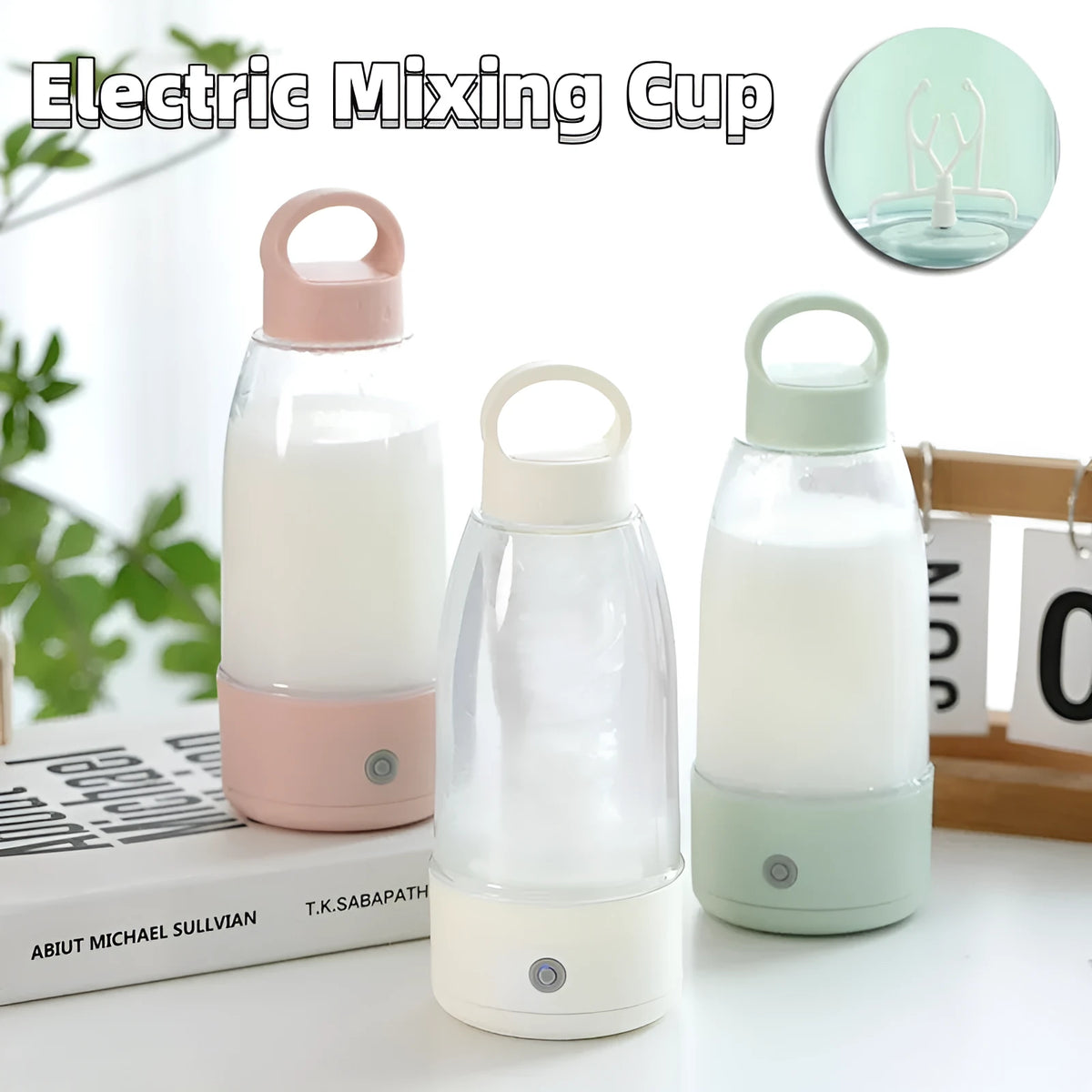 Automatic electric shaker bottle in green, pink, or white with USB charging and handle