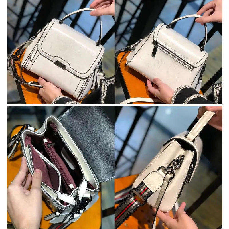 Women's genuine leather retro messenger bag in horizontal square shape with multiple interior compartments