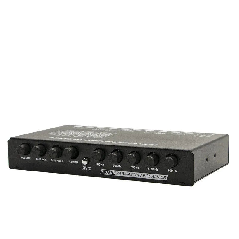 Car audio EQ tuning amplifier with front-panel controls for subwoofer frequency and volume adjustment