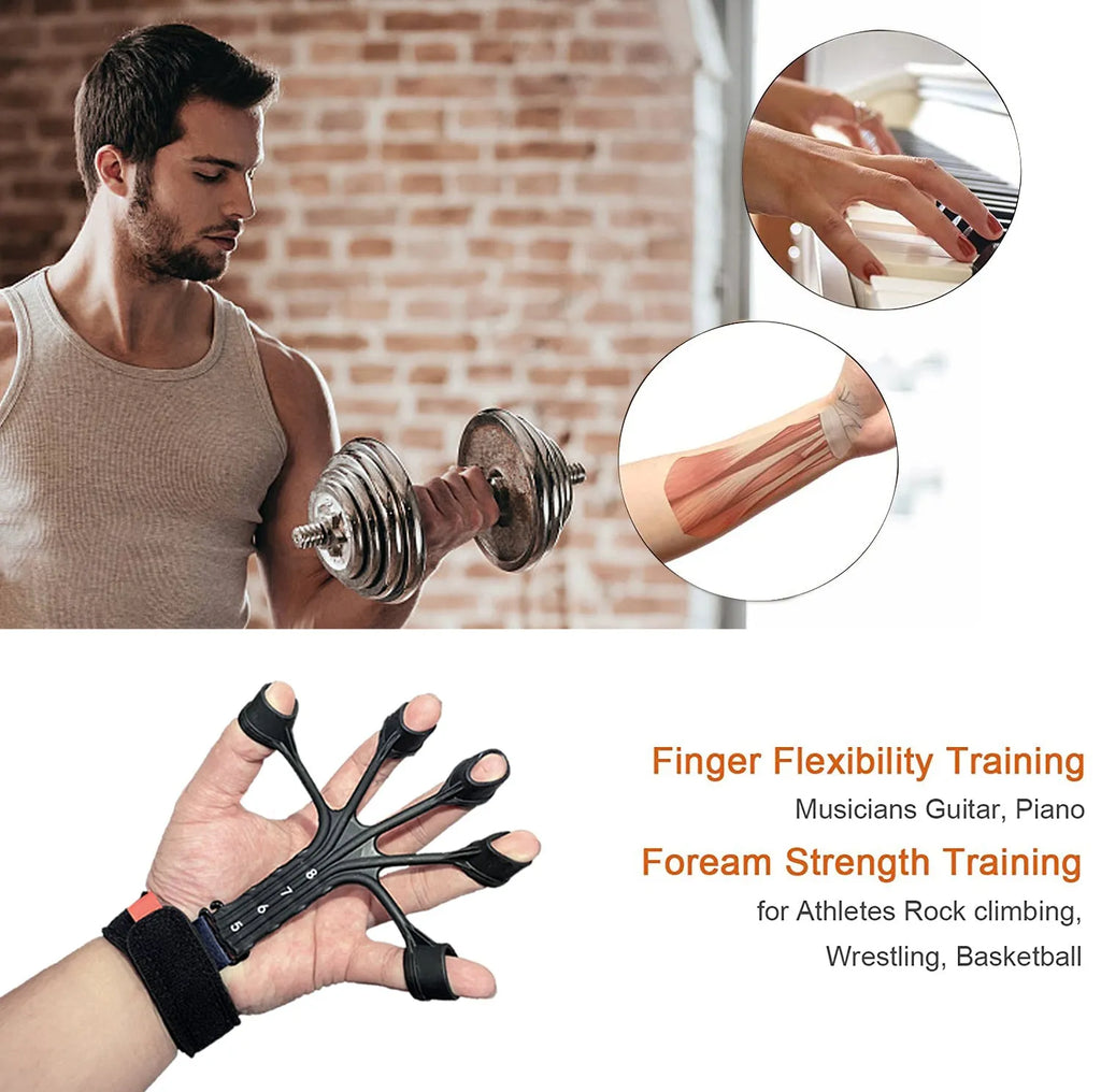 HLX silicone finger tension trainer with puller, tension ropes, and adjusting belt for hand exercises.