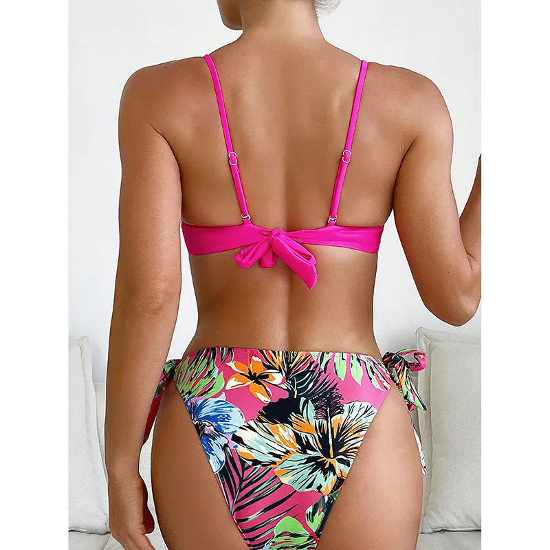 Rose red women's bikini swimsuit with rope braid detail on a mannequin