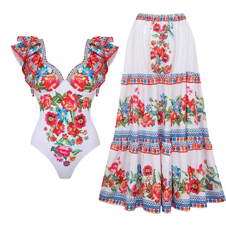 Women's polyester one-piece swimsuit in blue, rose pink, white colours with suit, swimsuit, and skirt style options