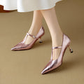 Genuine leather women's pointed-toe pumps with a chunky mid heel in gun colour and pink.