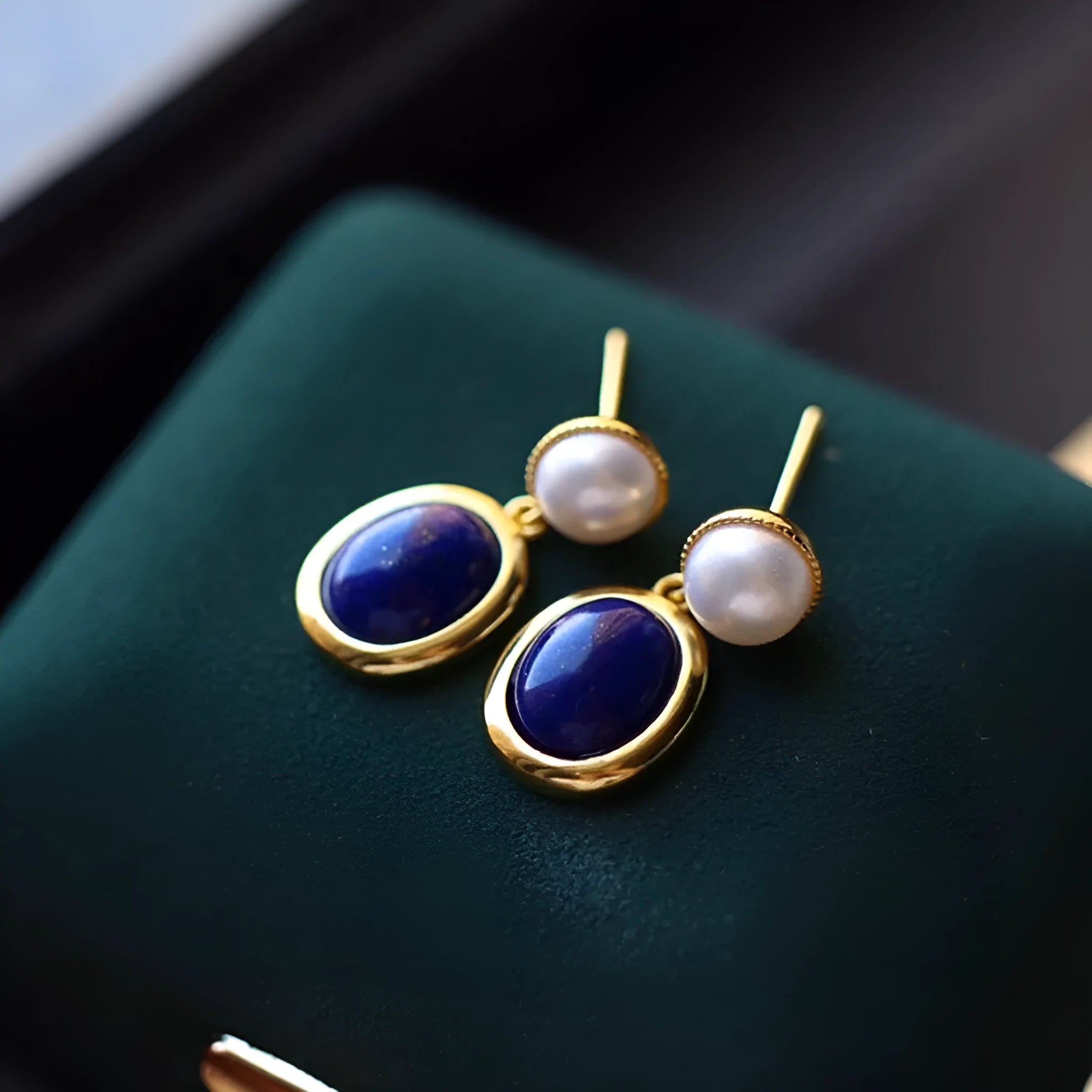 925 silver drop earrings with natural lapis lazuli pearls and auspicious patterned studs