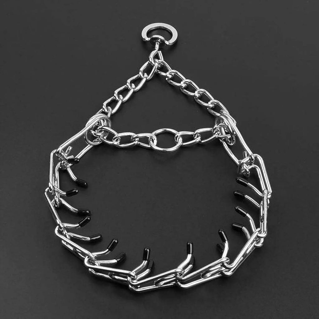 Stainless steel dog training pinch collar with rubber tips showing adjustable chain links