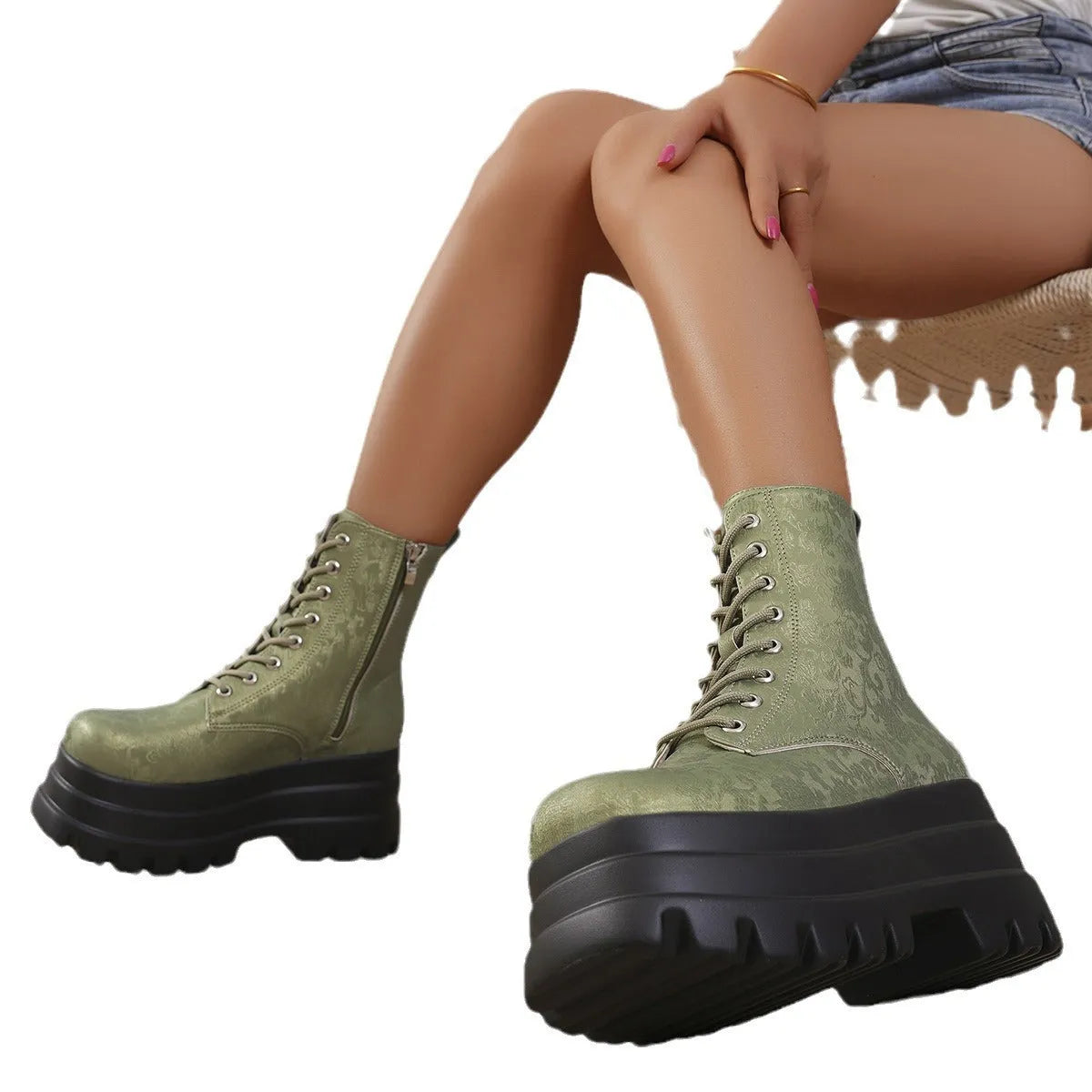 Women's white retro patchwork mid-calf boots with chunky platform heel and side zipper.
