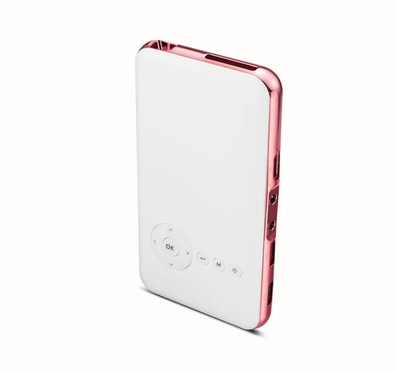 White rose gold miniature portable Android projector showing front view with lens and controls