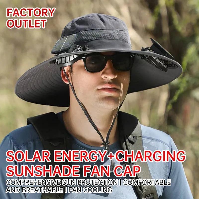 Customisable solar-powered fisherman's hat with integrated fan in beige, black, grey, or khaki.