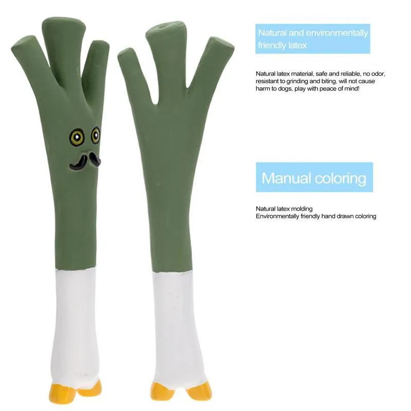 Latex vegetable dog chew toy in cartoon onion and eggplant shapes, green orange purple colours