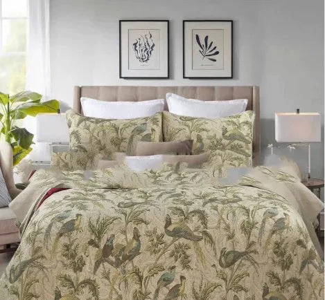 Blue American flower and bird pattern cotton bedspread set with three pieces