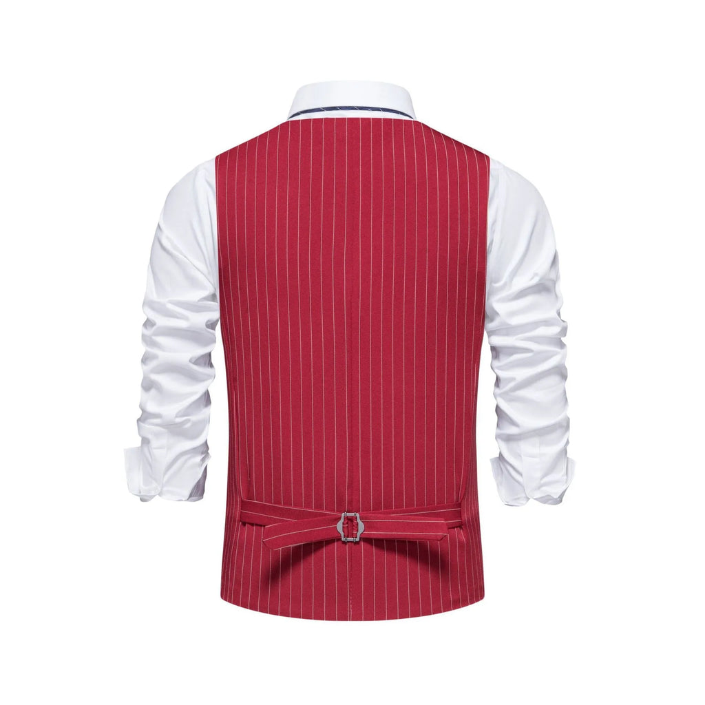 A man's striped suit vest in a formal style, showing the miter bottom hem and pocket detail.