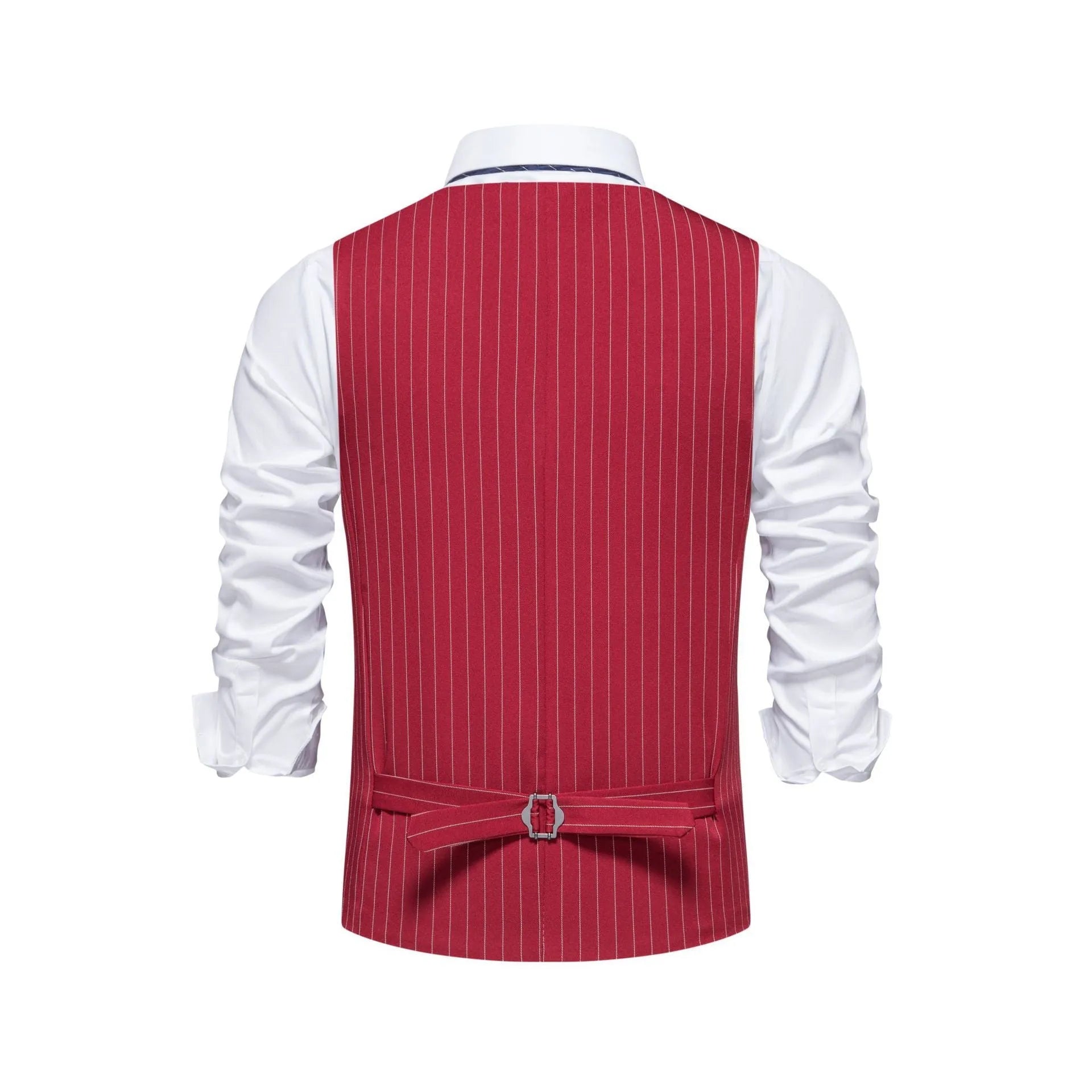 A man's striped suit vest in a formal style, showing the miter bottom hem and pocket detail.