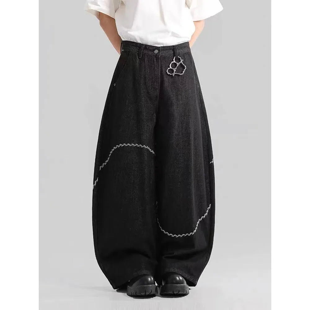 Black straight-leg polyester denim trousers with micro-elastic construction