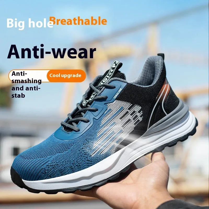 Blue men's lightweight safety work shoes with plastic toe caps and breathable mesh upper