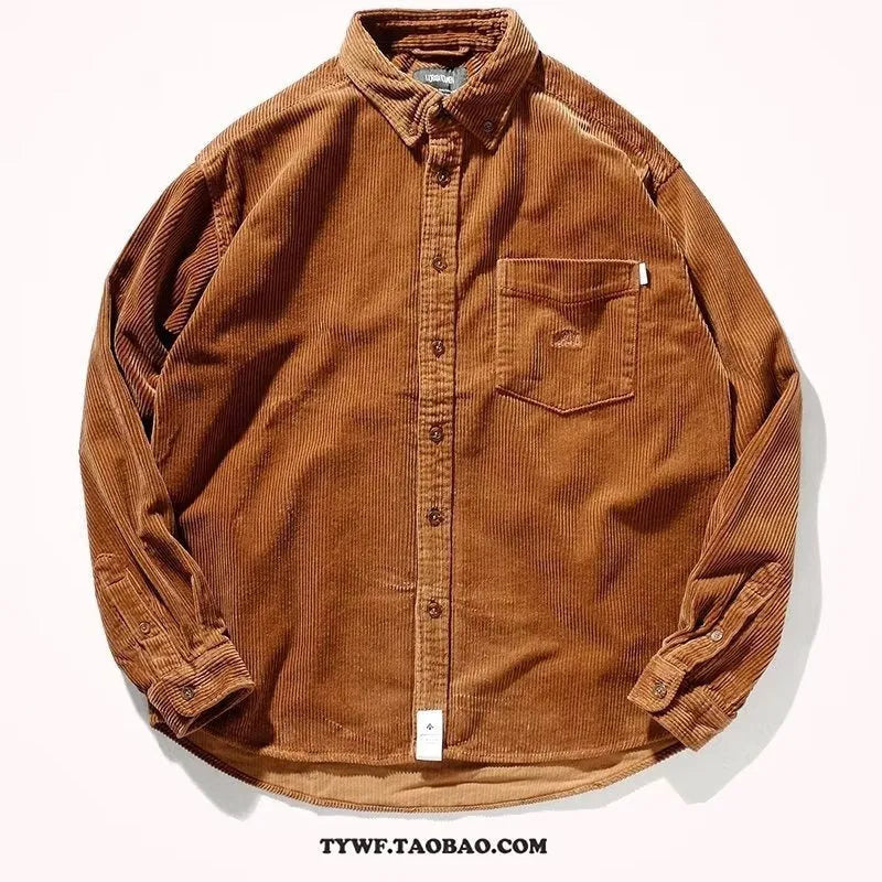 Long sleeve corduroy shirt in loose cardigan fit with Japanese Hong Kong style in caramel colour