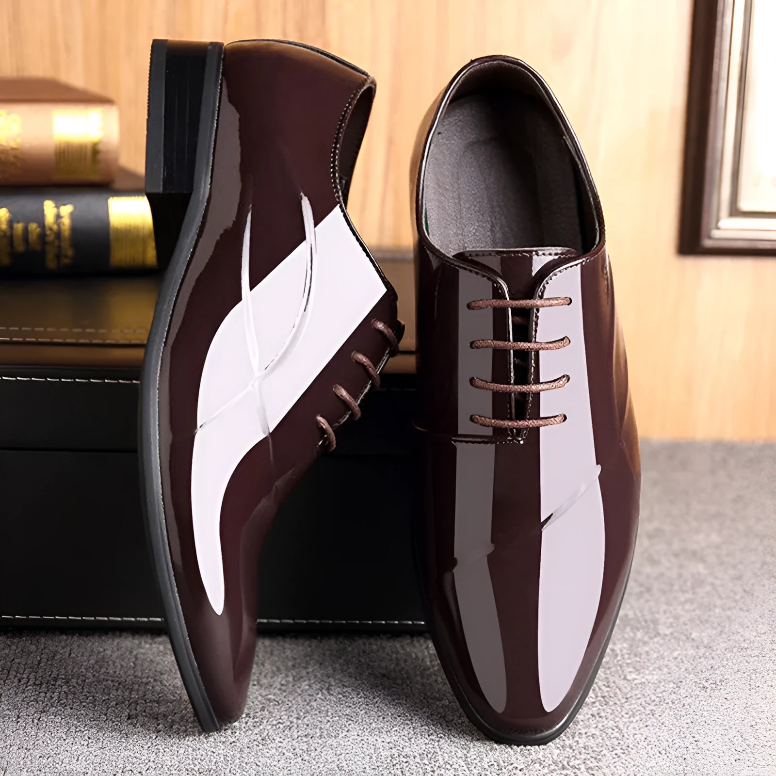 Men's black and brown business formal shoes with pointed toe design
