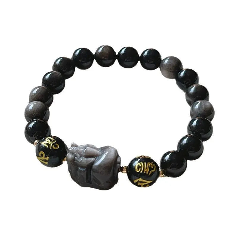 Close-up of a men's adjustable Silverstone bracelet with Chinese zodiac beads and six-word proverbs.