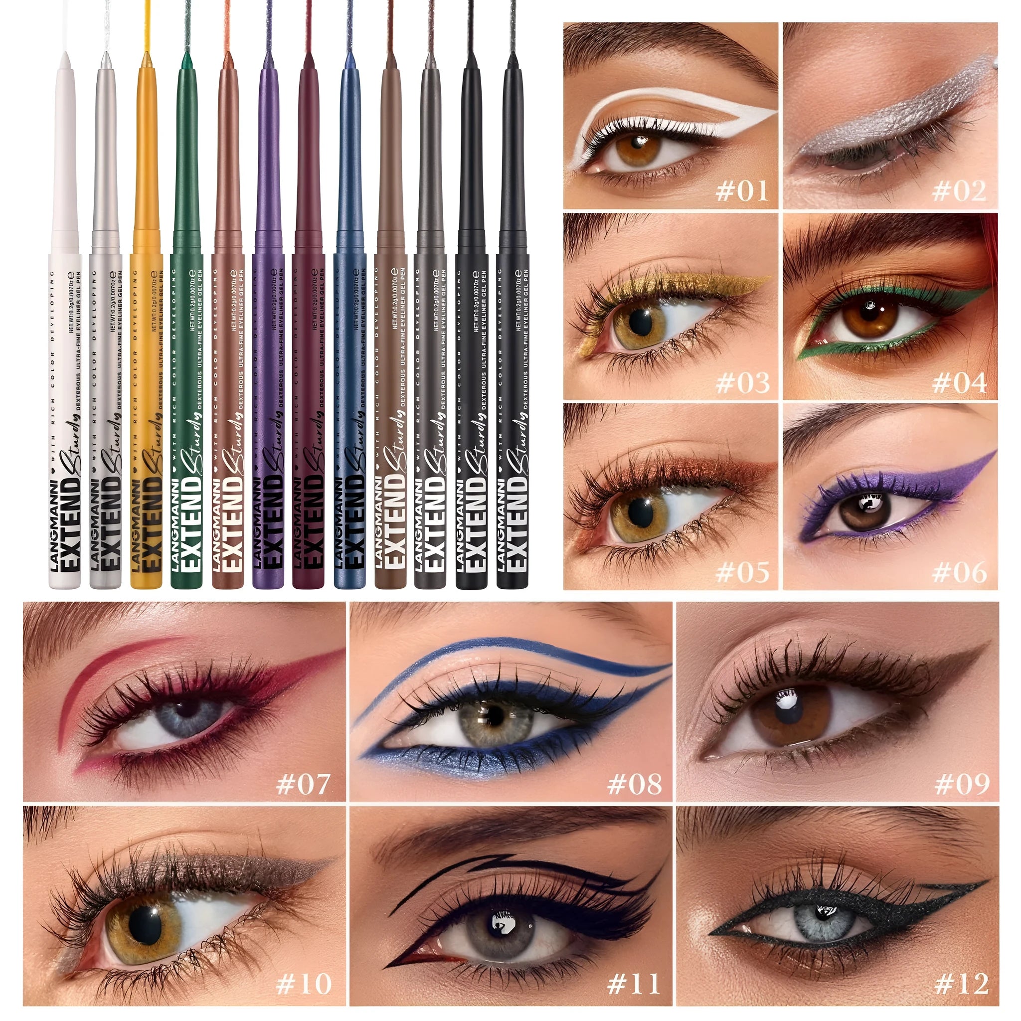 12 colourful gel glitter eyeliner pencils with various shades arranged in a set