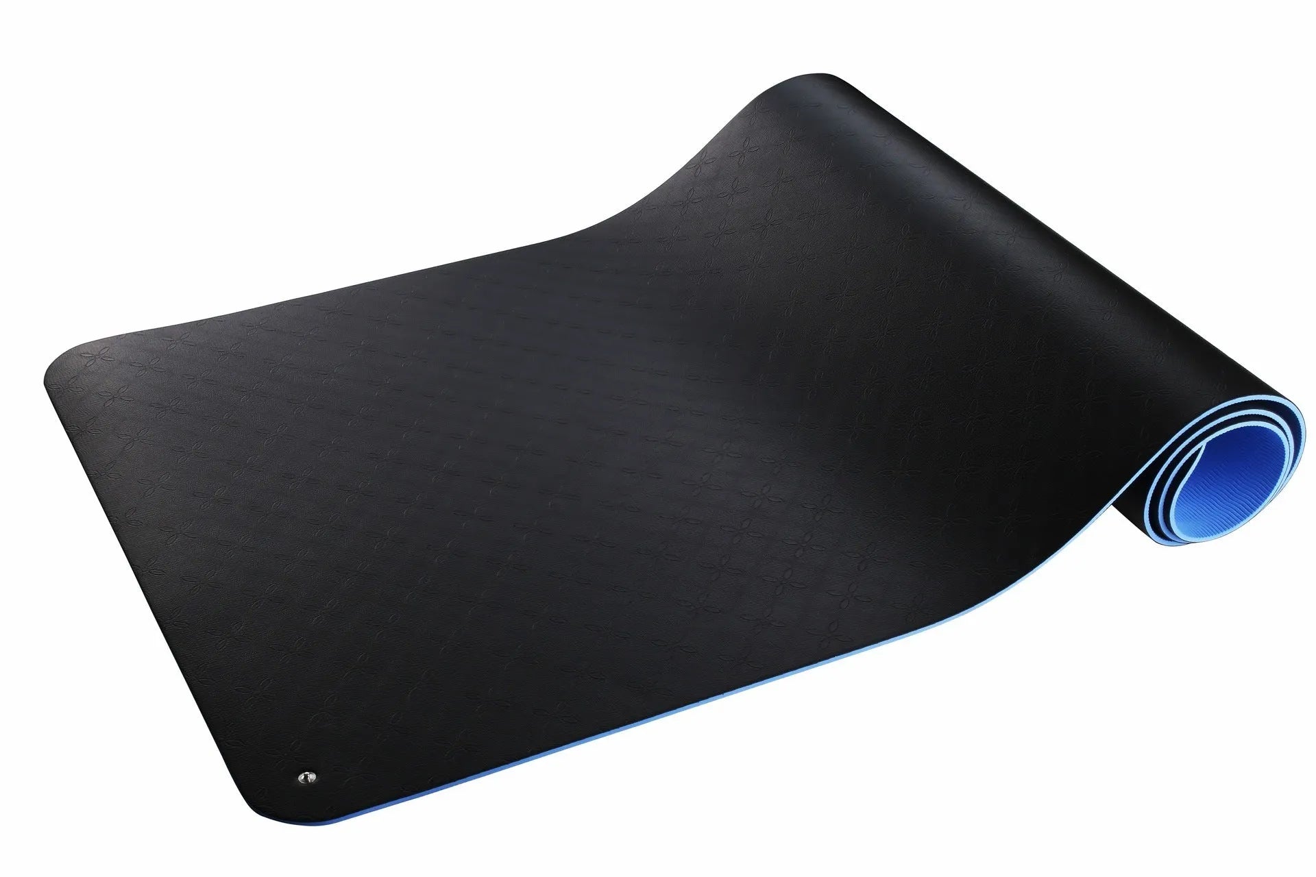 Blue conductive yoga mat with grounding wire, showing plant pattern and 182cm length.
