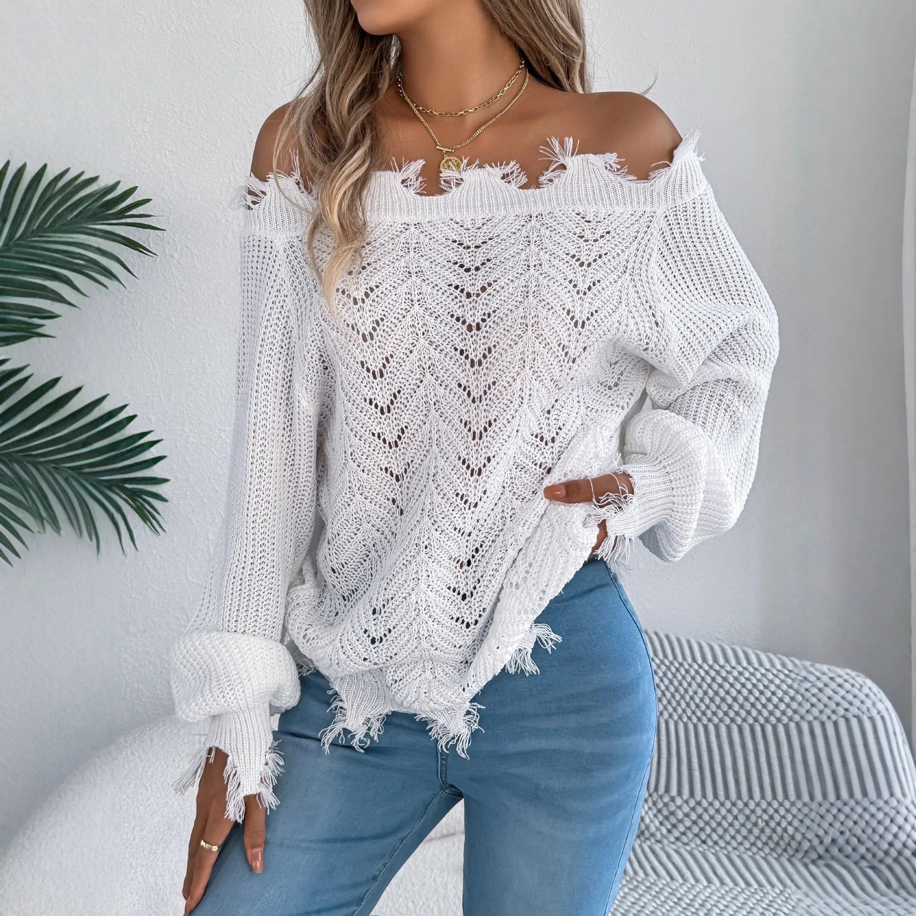 Hollow-out design cut off-the-shoulder long sleeve pullover sweater in acrylic fibre.