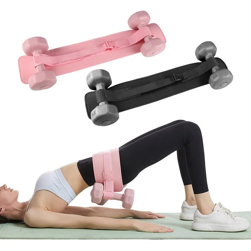 Black adjustable fitness belt with metal buckle for weighted hip bridge exercises