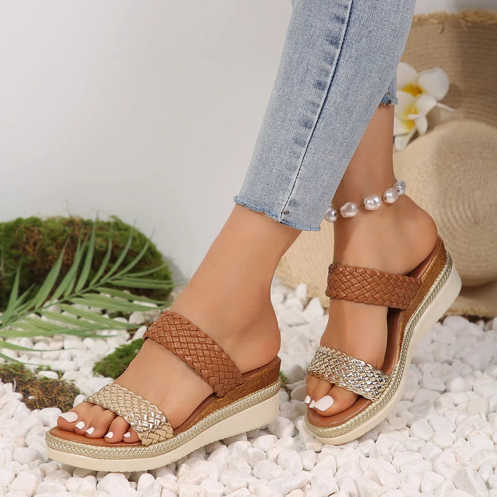 Gold wedge sandals for women in plus sizes with PU upper and rubber sole