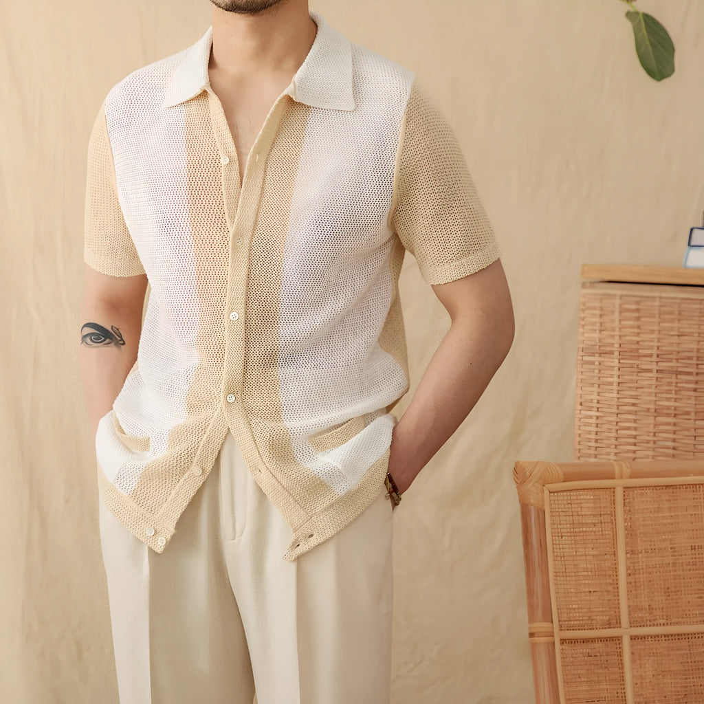 Women's beige lapel collar cardigan with short sleeves made from cotton linen blend fabric